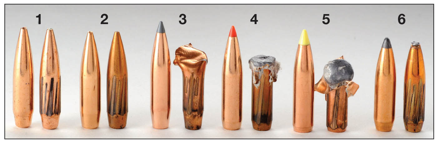Typical .277-inch diameter 150-grain bullets recovered from wet newspaper include (left to right): the (1) Matrix RBT Bonded, 1,458 fps, 15 inches of penetration;  (2) Berger VLD Hunting, 1,488 fps, 15 inches; (3) Nosler AccuBond LR, 1,478 fps, 12 inches; (4) Hornady InterBond 1,512 fps, 21 inches; (5) Nosler Ballistic Tip 1,496 fps, 11 inches; (6) Sierra spitzer BT, 1,462 fps, 19 inches.